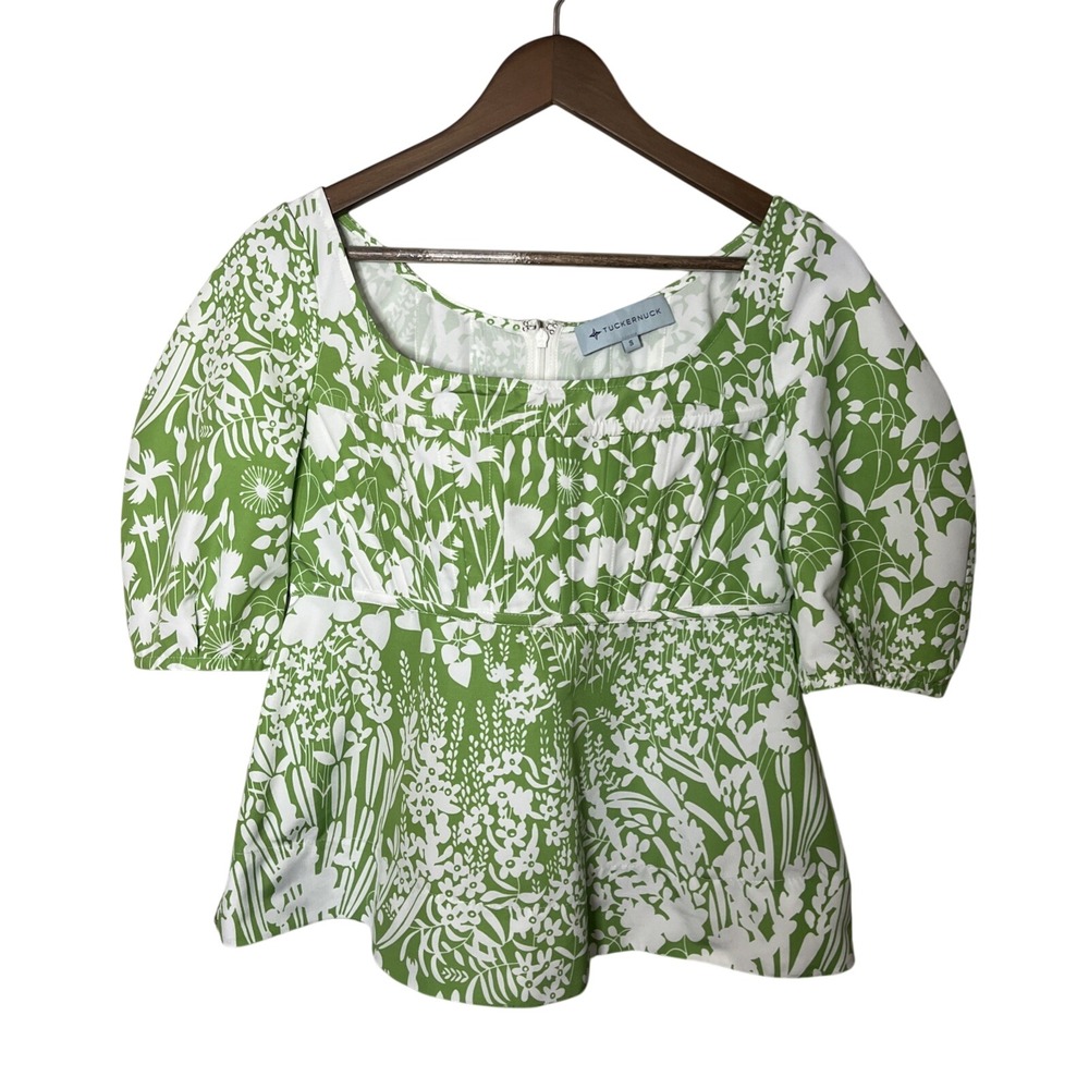 Tuckernuck Women's Nealy Corset Top Green Garden Floral Puff Sleeve Blouse Small